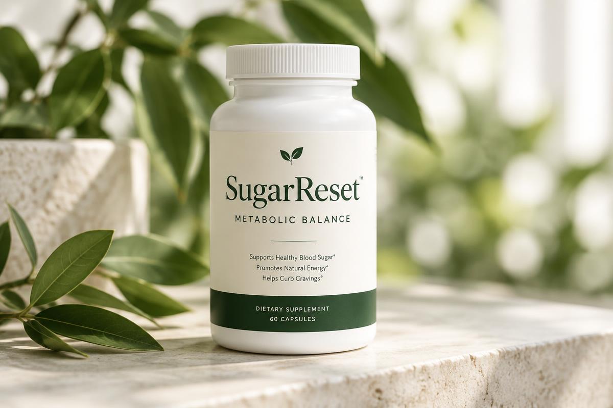 SugarReset Metabolic Balance supplement bottle on a stone surface with green botanicals