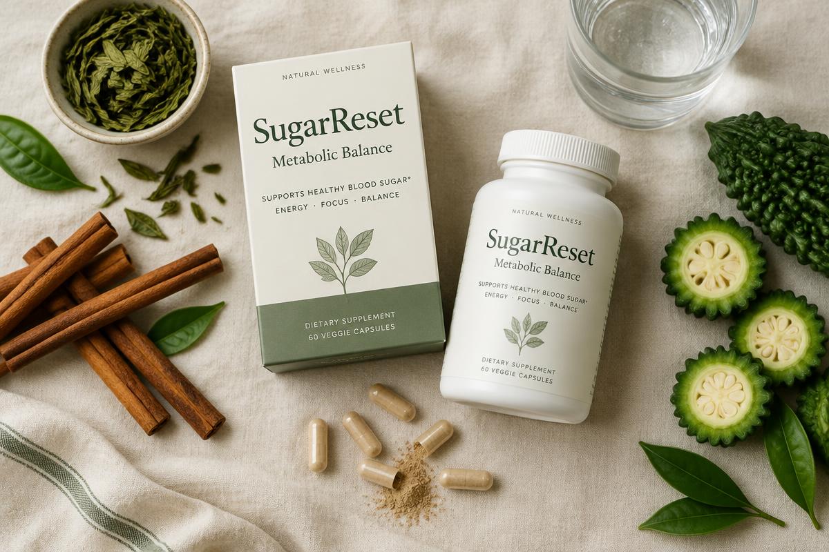 SugarReset Metabolic Balance box and bottle with cinnamon, green tea leaves, and bitter melon on linen
